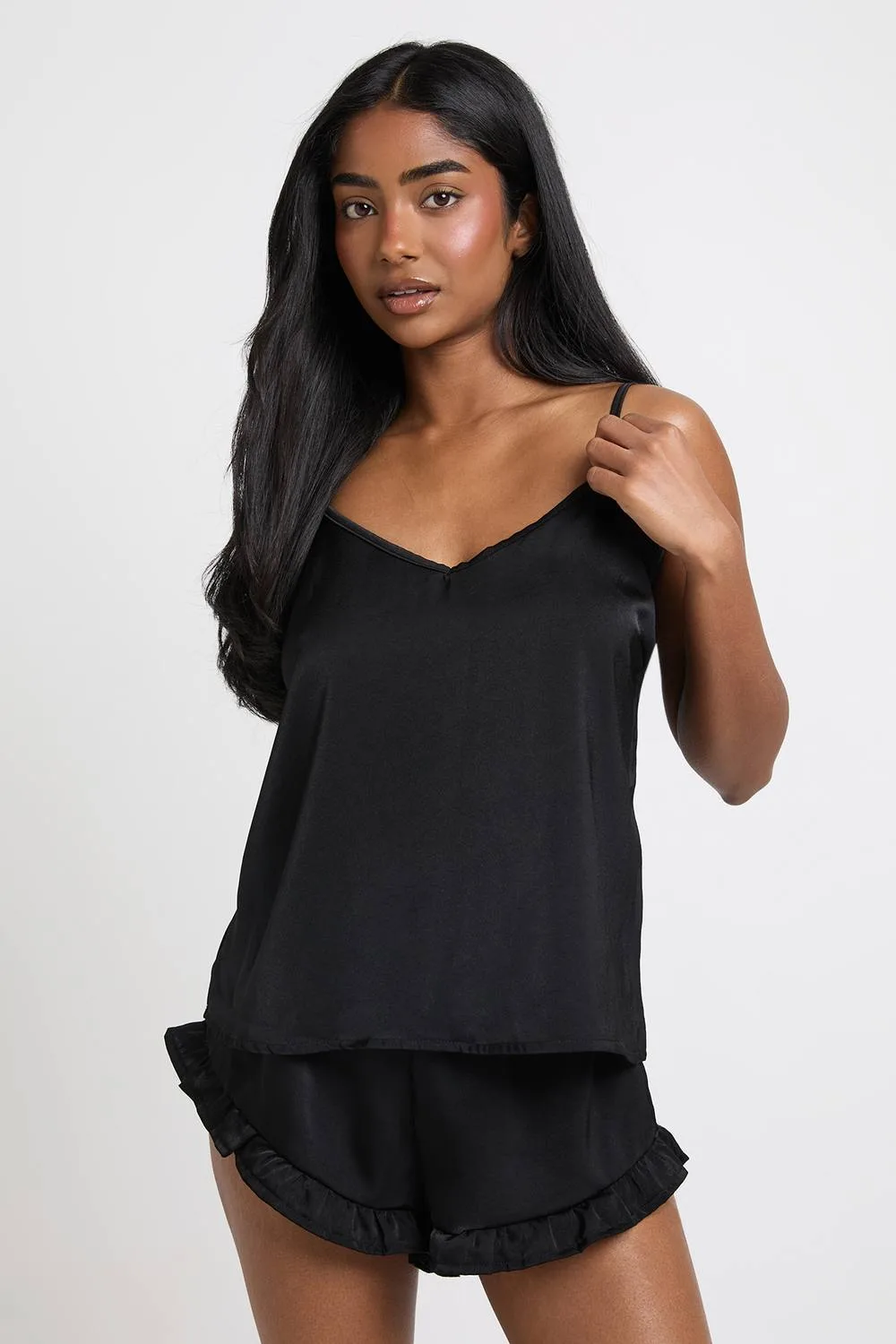 Satin Cami & Frill Detail Short Pyjama Set by boohoo