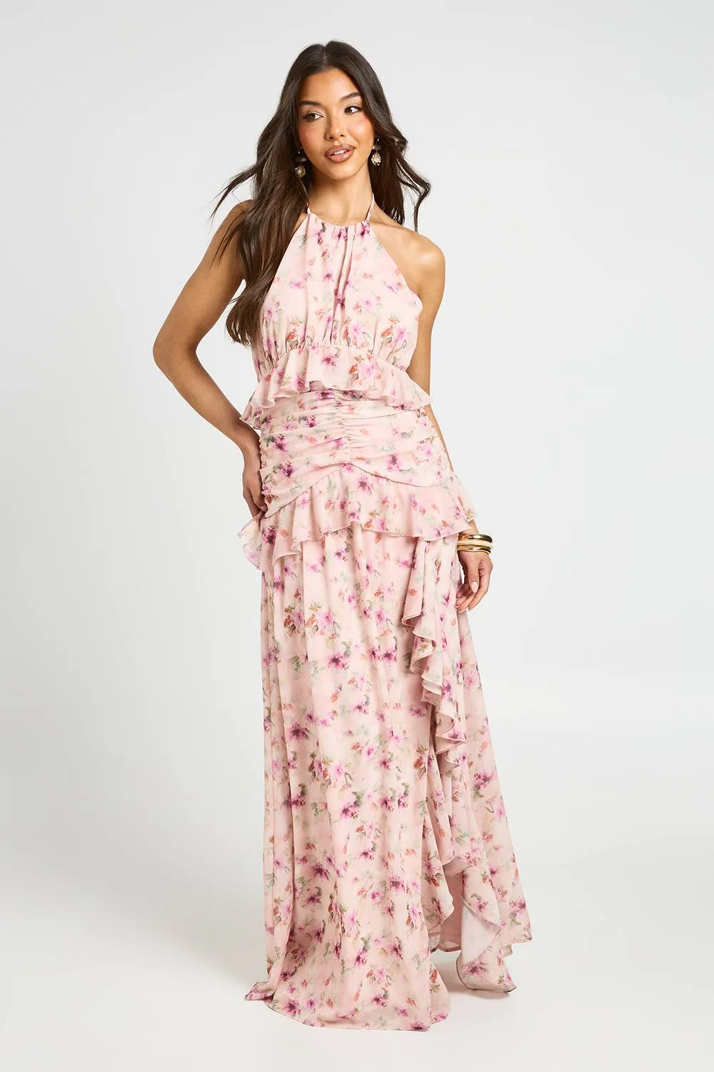 Floral Halterneck Chiffon Ruffle Detail Maxi Dress by boohoo