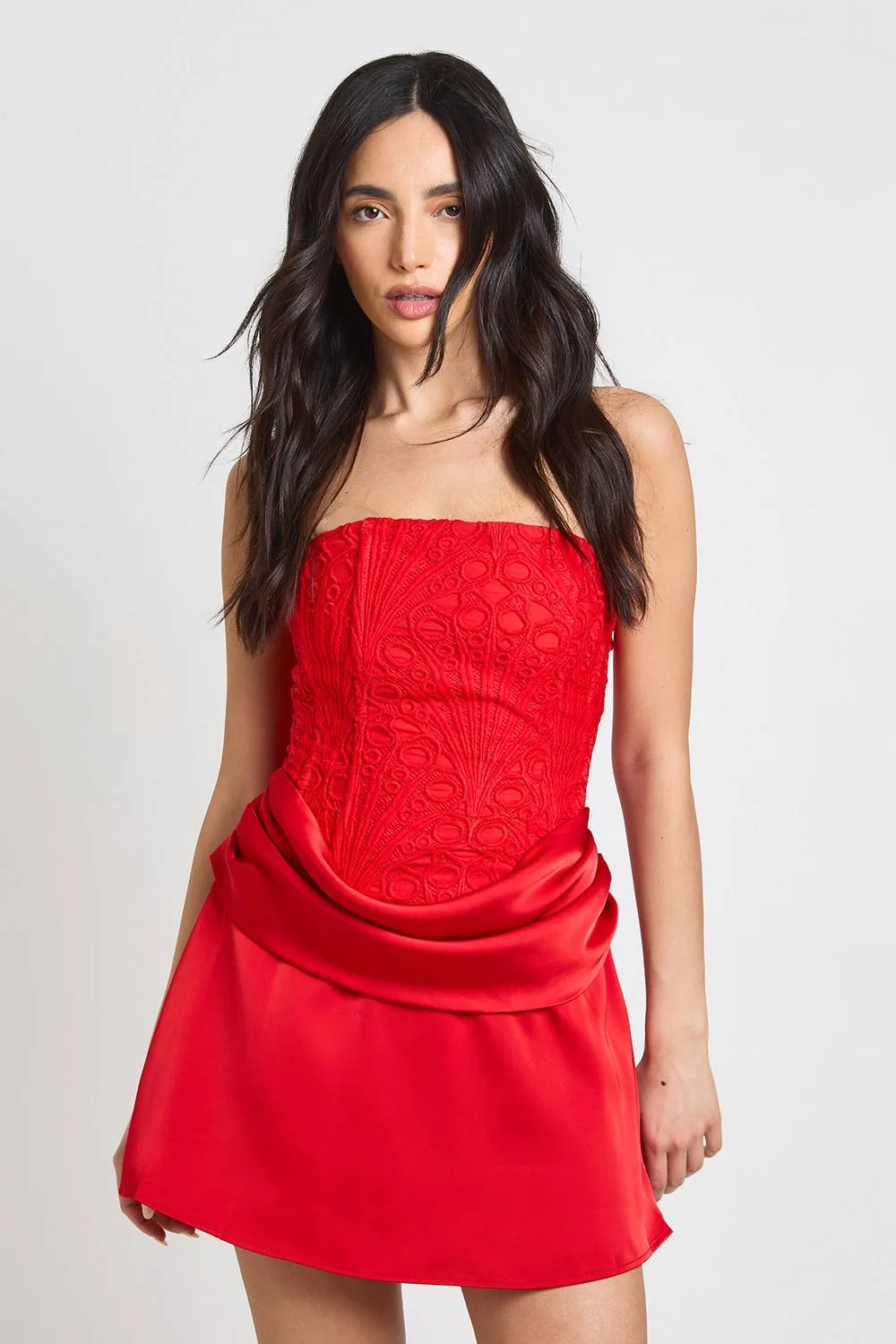 Textured Sheer Floral Lace Corset Drape Mini Dress