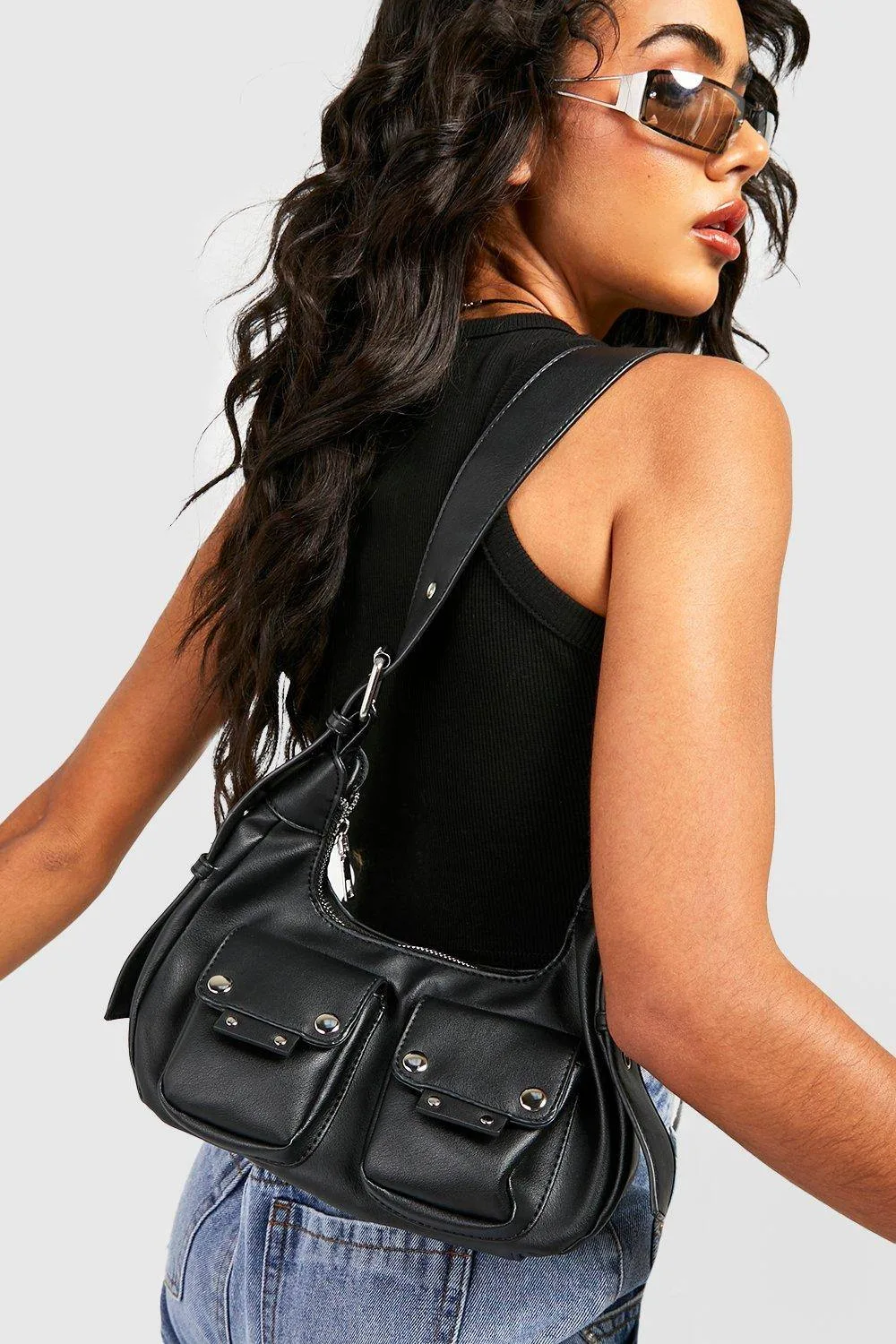 Double Pocket Stud Detail Shoulder Bag by boohoo