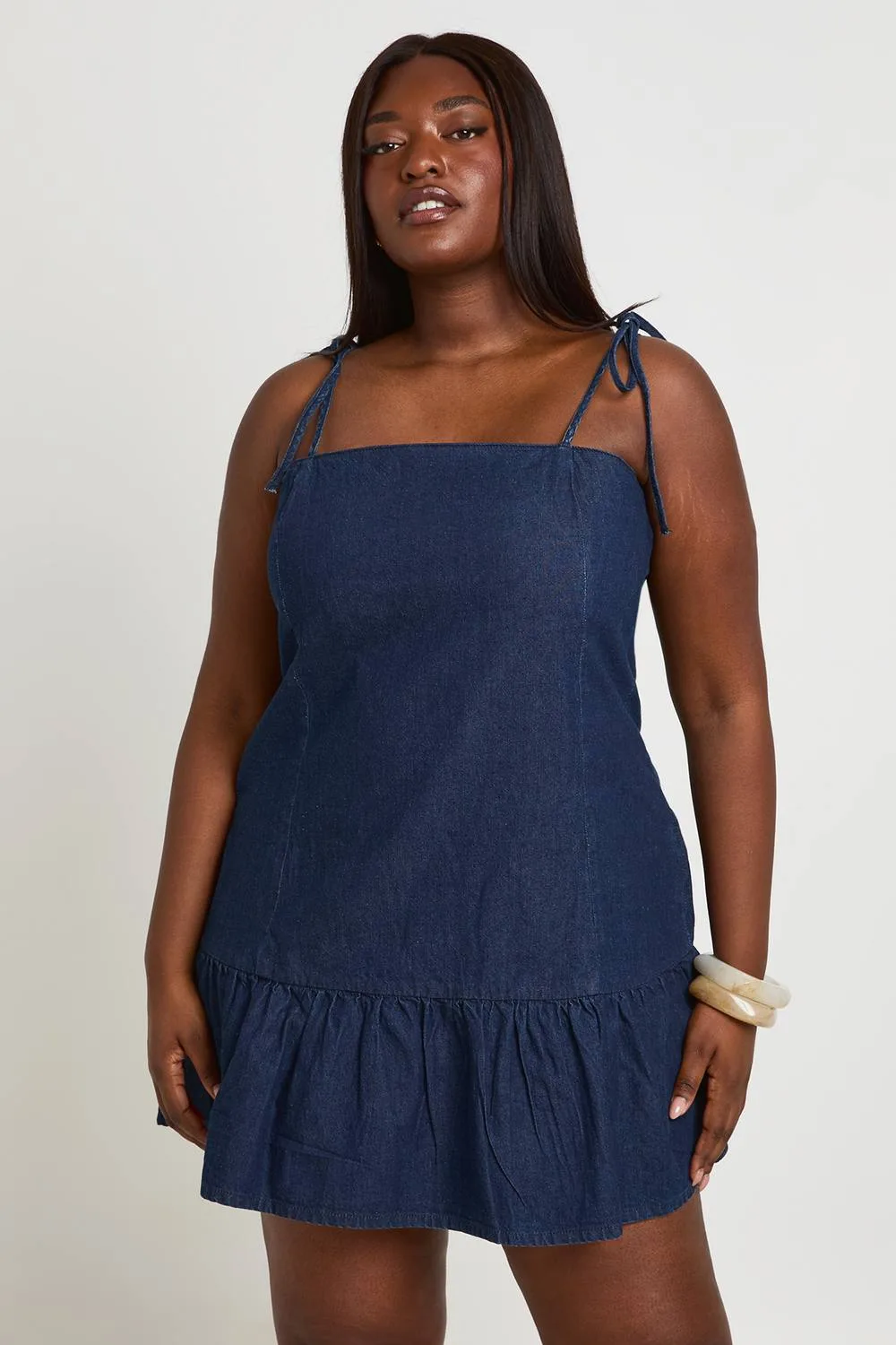 Dropped Hem Denim Mini Dress by boohoo