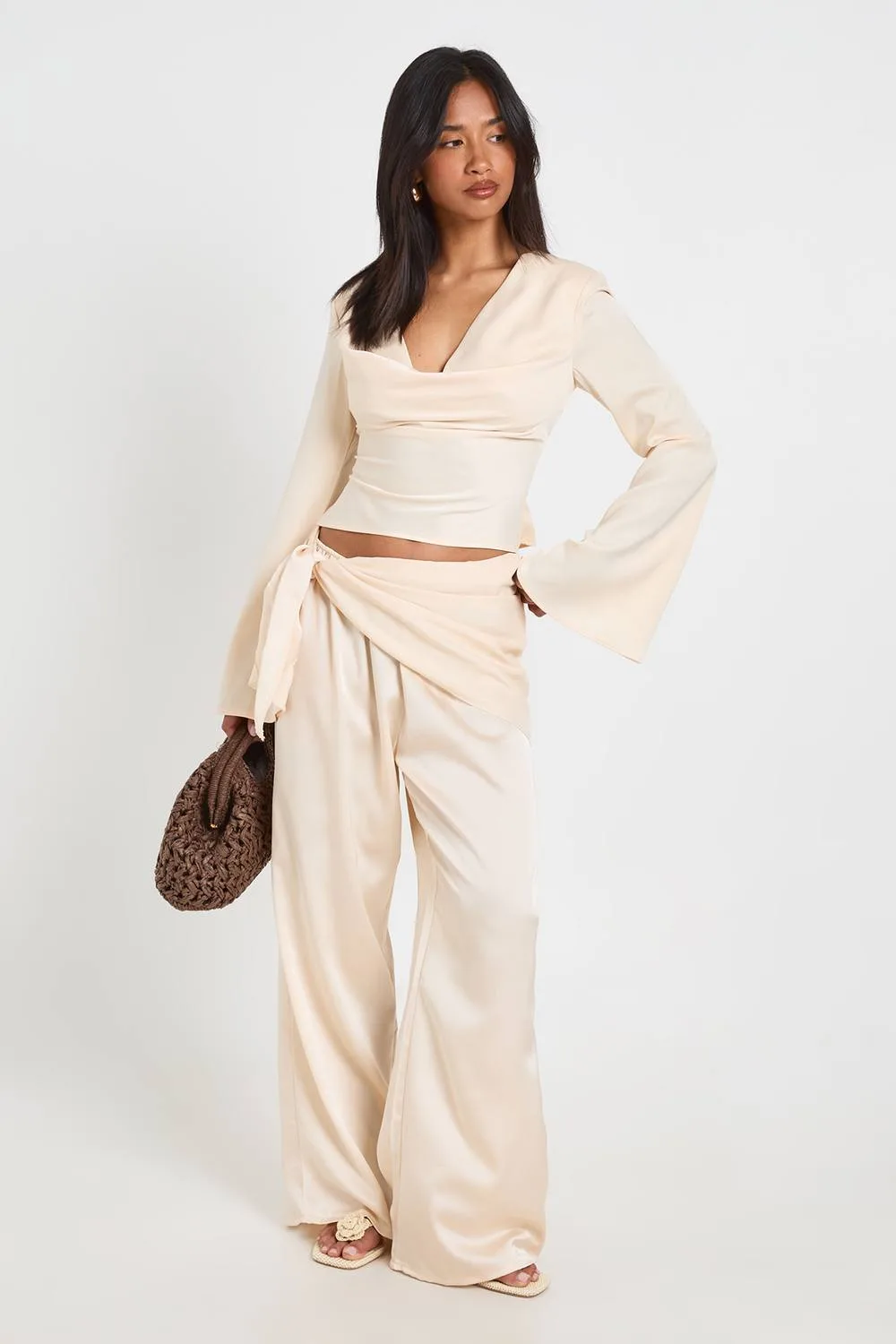 Satin Tie Waist Wide Leg Trouser by boohoo