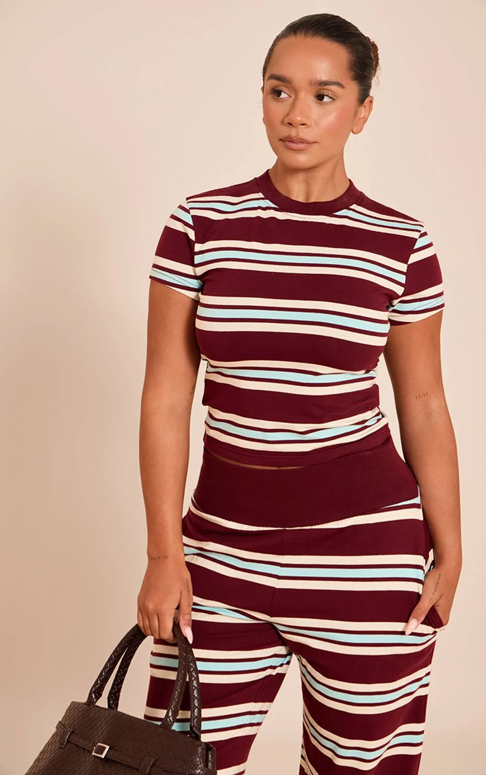 Shape Burgundy Striped Long Line T-Shirt by PrettyLittleThing