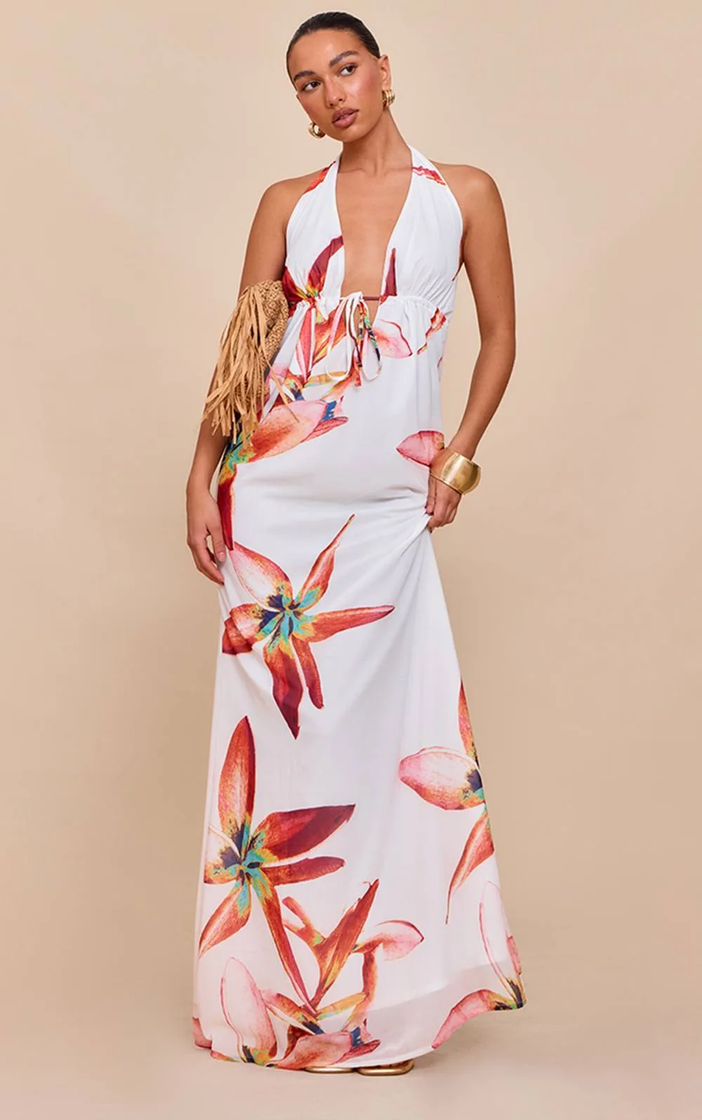 Printed Plunge Tie Detail Maxi Dress by PrettyLittleThing