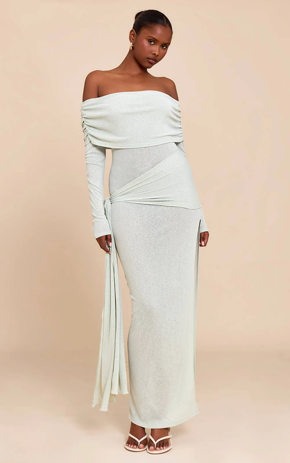 Onion Skin Bardot Tie Waist Maxi Dress by PrettyLittleThing