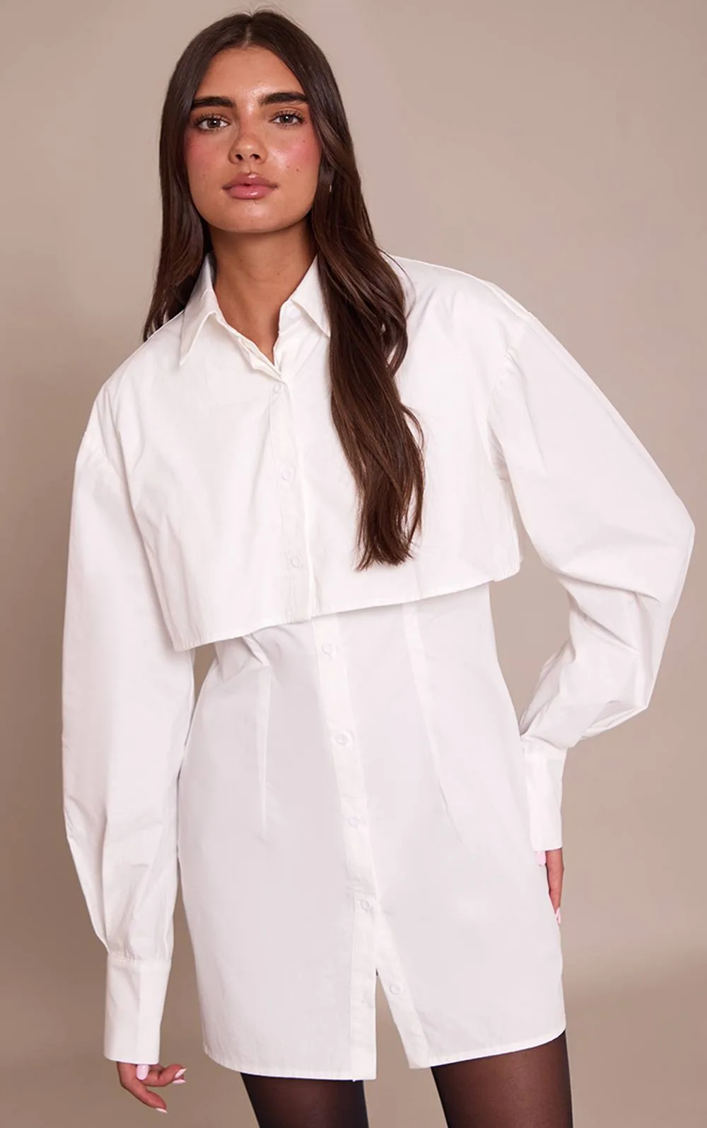 Overlay Detail Long Sleeve Shirt Dress