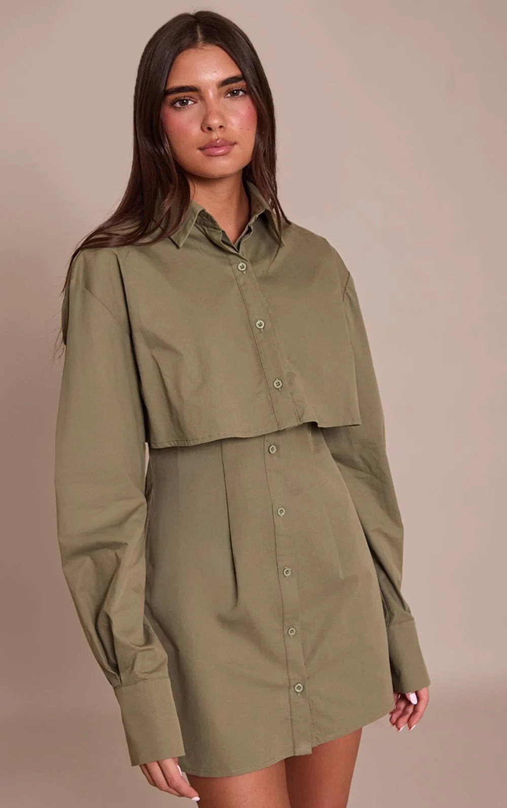 Overlay Detail Long Sleeve Shirt Dress