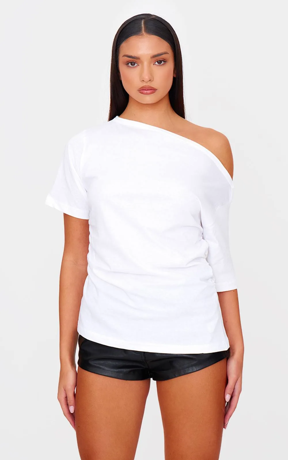 Asymmetric Ruched Side Detail T-Shirt by PrettyLittleThing