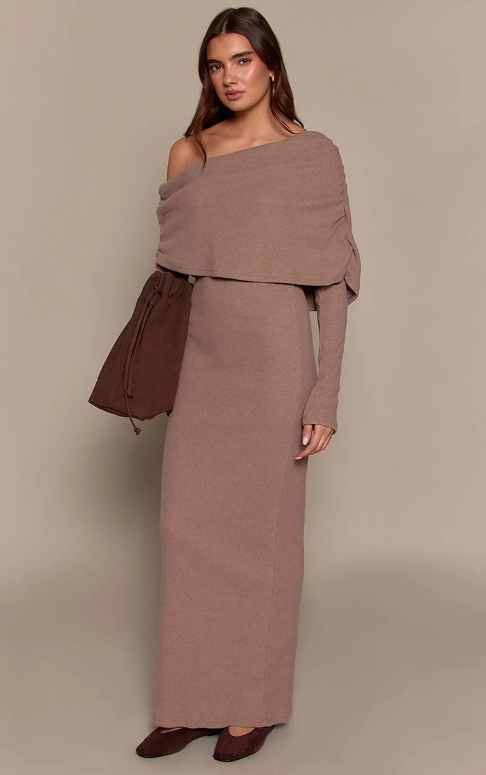 Ribbed Bardot Oversized Fold Over Maxi Dress