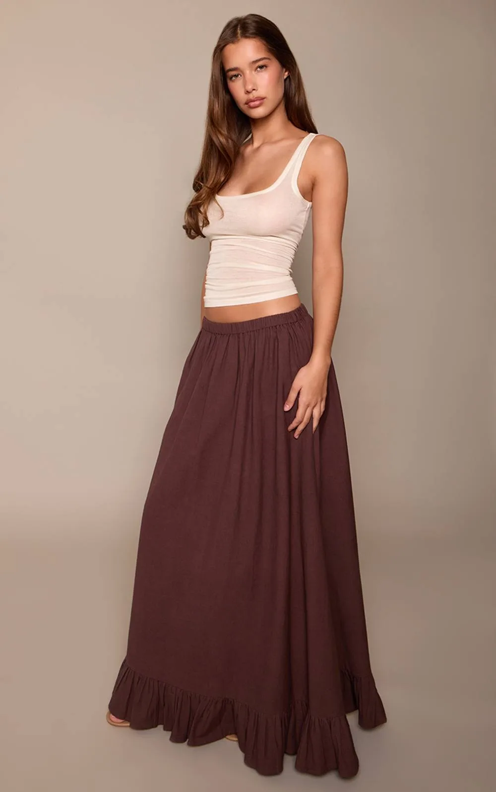 Linen Look Frill Hem Floaty Maxi Skirt by PrettyLittleThing