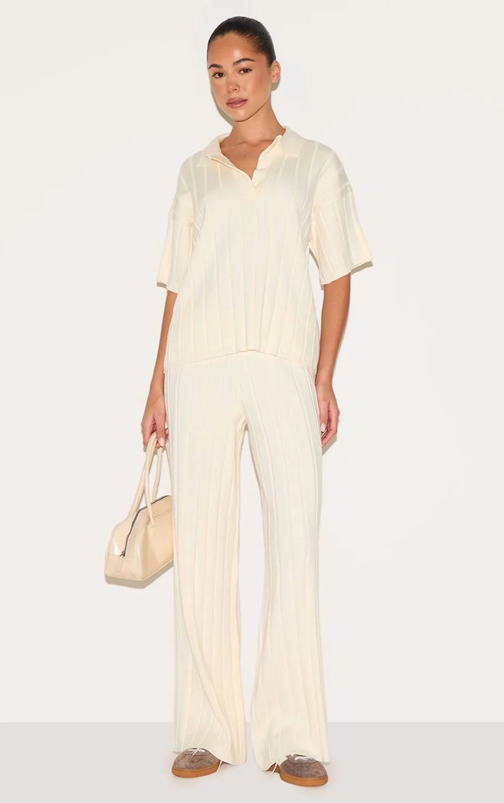 Wide Rib Knit Trousers by PrettyLittleThing