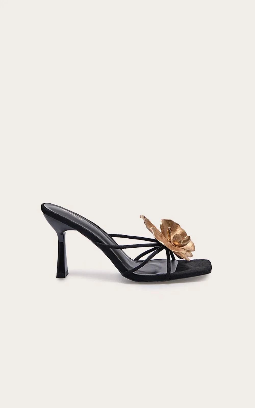 Faux Suede Square Toe Gold Flower Detailed Heeled Mules