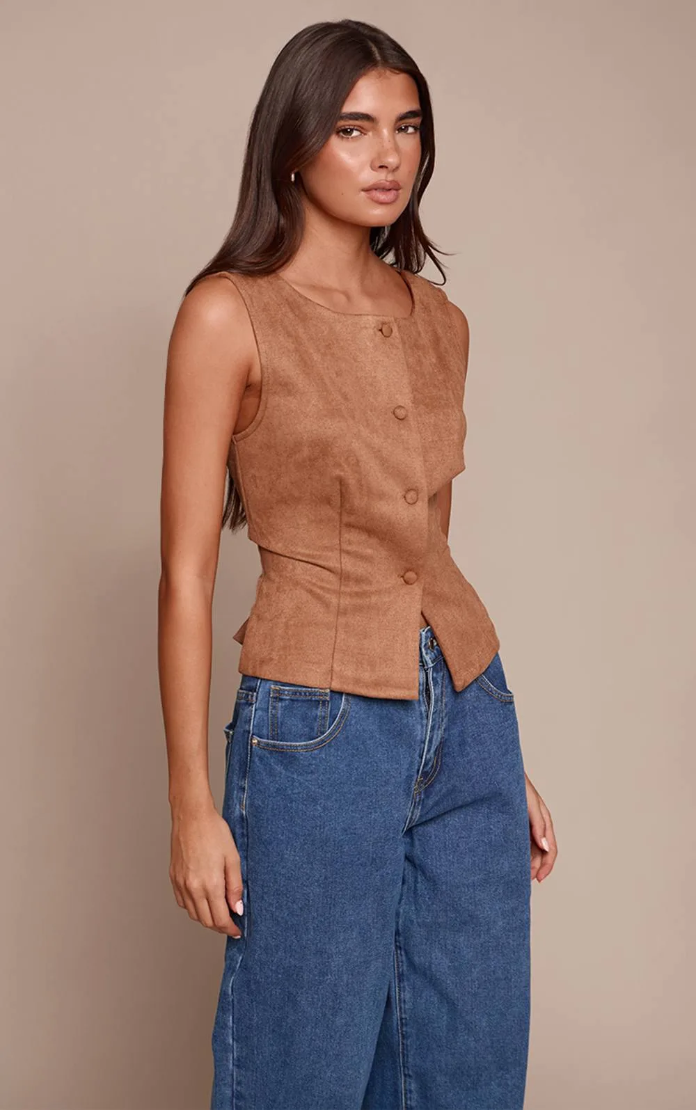 Faux Suede Popper Detail Waistcoat