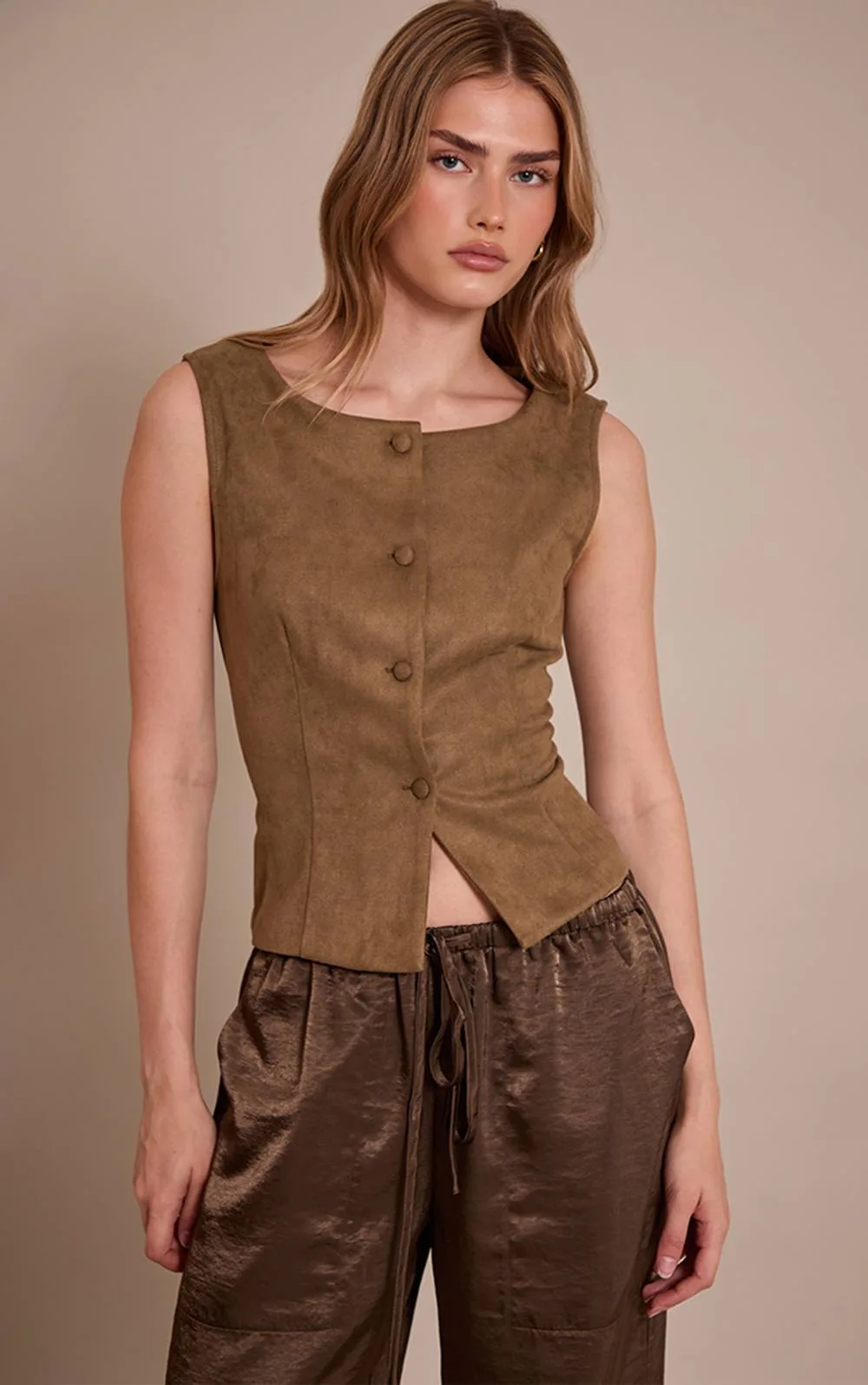 Faux Suede Popper Detail Waistcoat