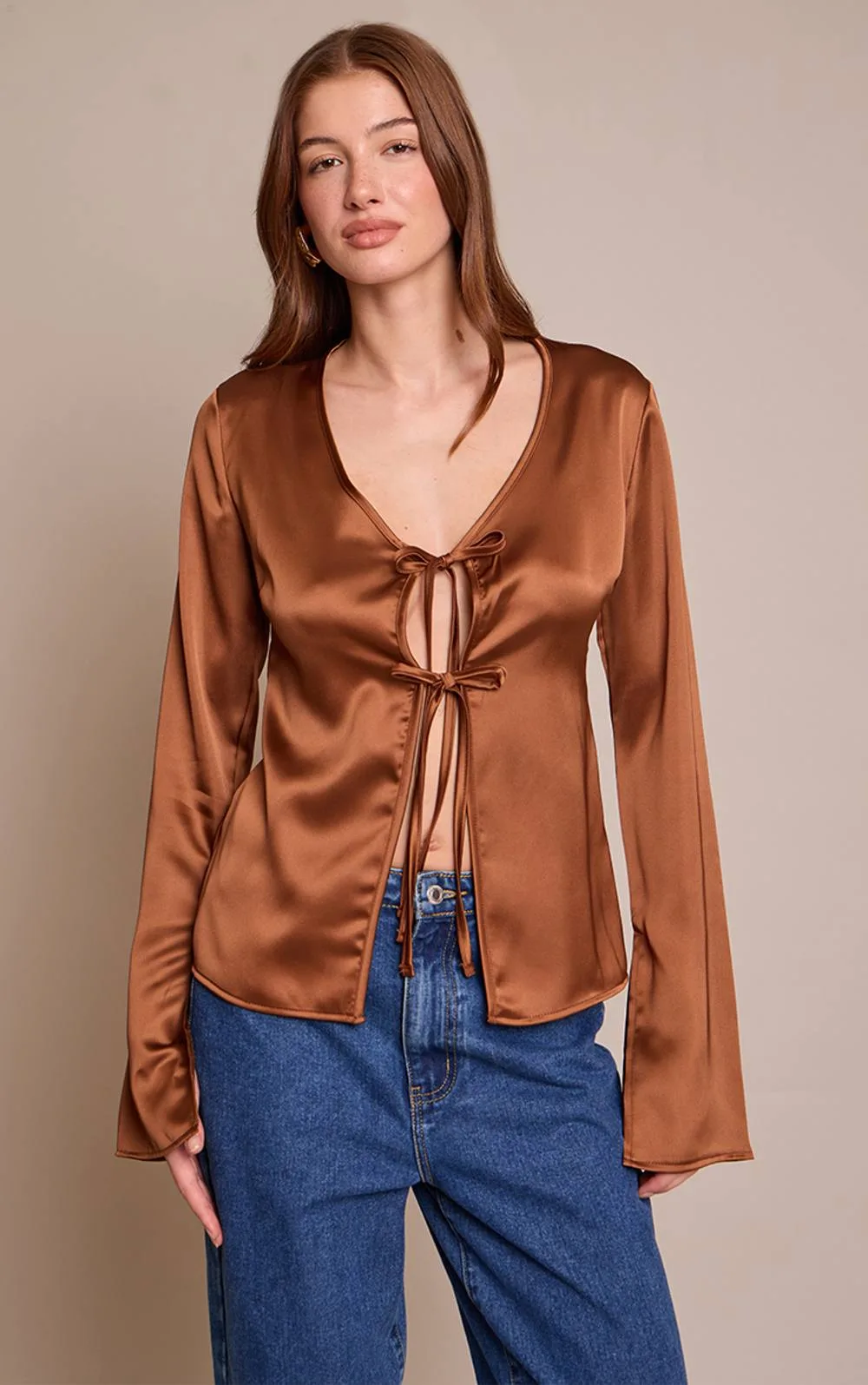 Satin Tie Front Detail Long Sleeve Top