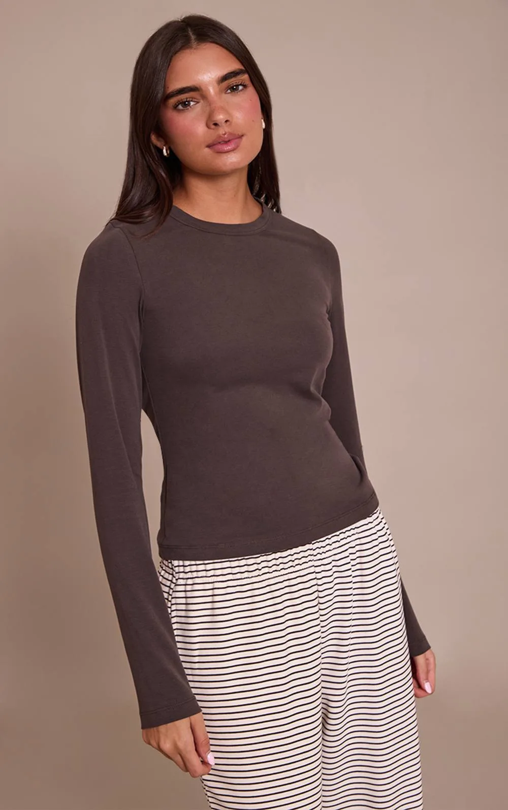 Soft Cotton Crew Neck Longline Long Sleeve Top