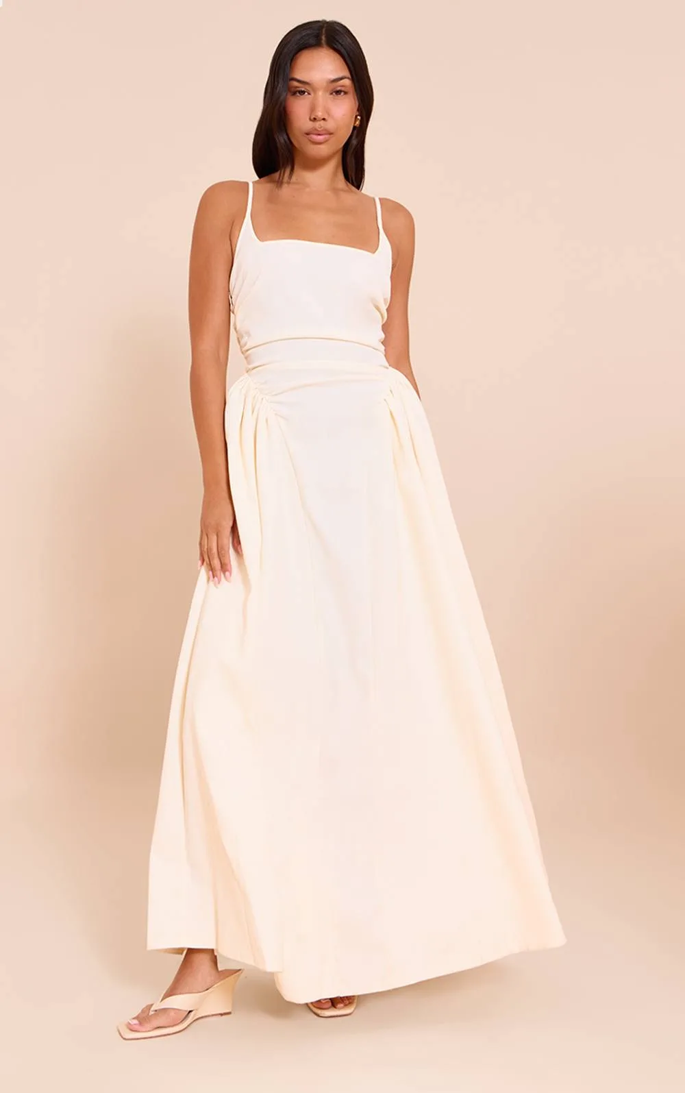 Woven Ruched Strappy Midi Dress