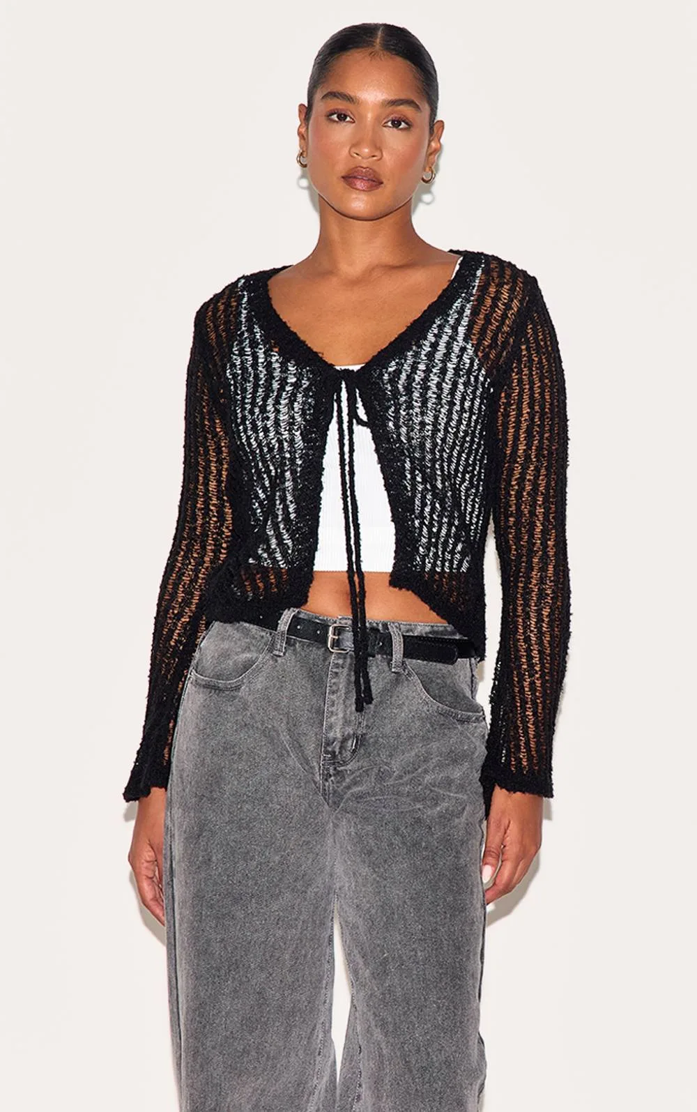 Ladder Knit Sheer Cropped Tie Front Top
