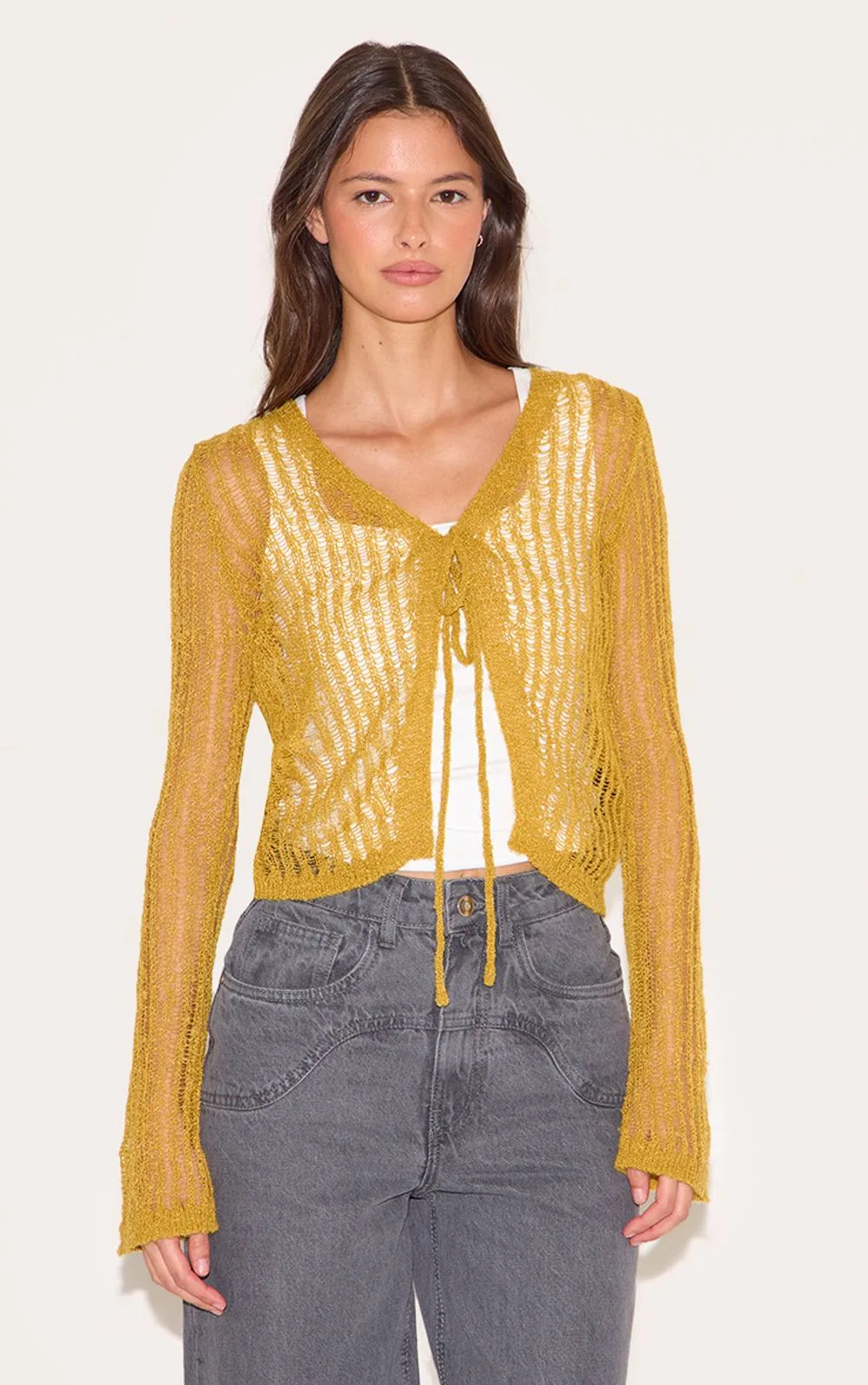 Ladder Knit Sheer Cropped Tie Front Top