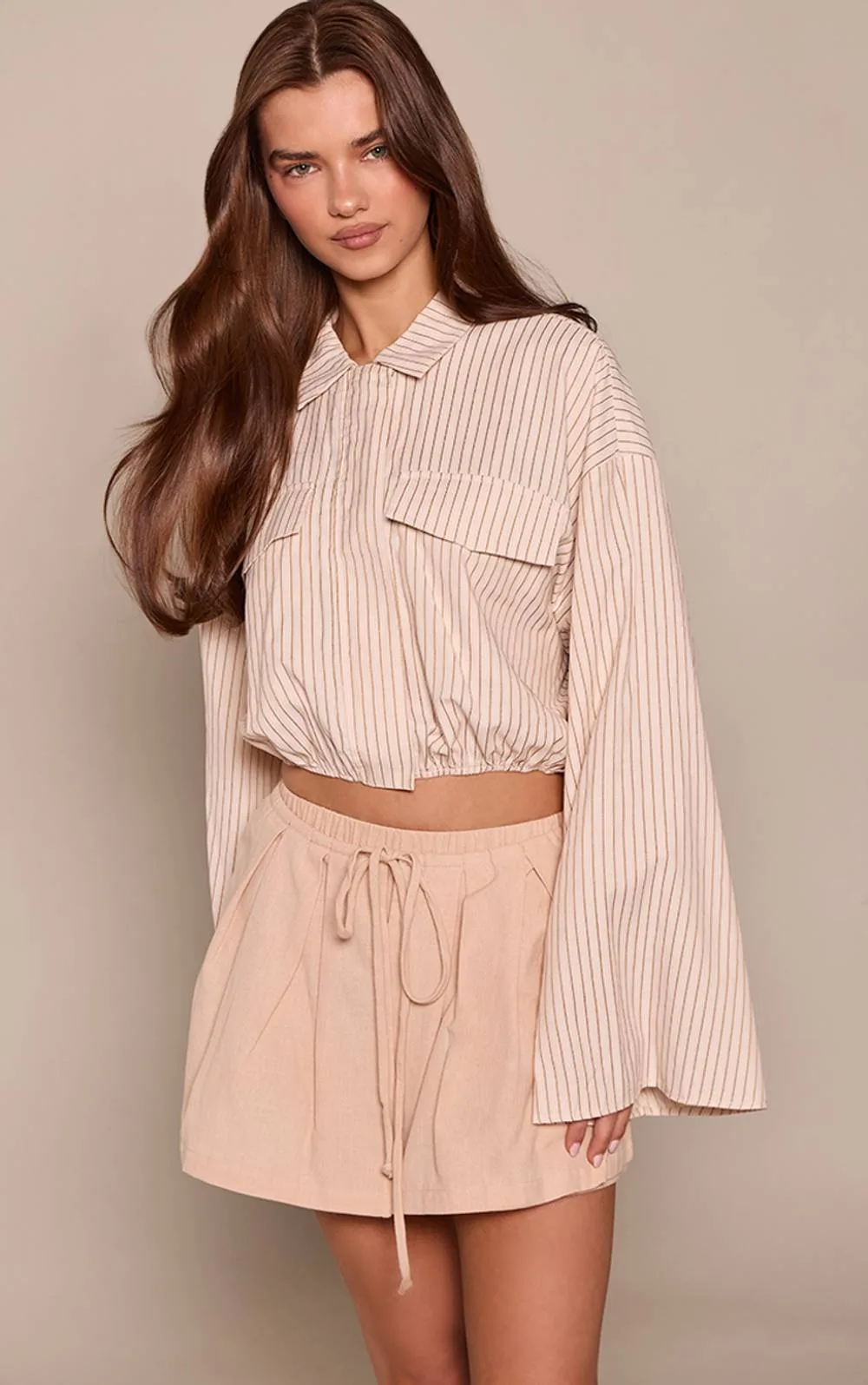 Cotton Linen Blend Tie Panel Detail Mini Skirt