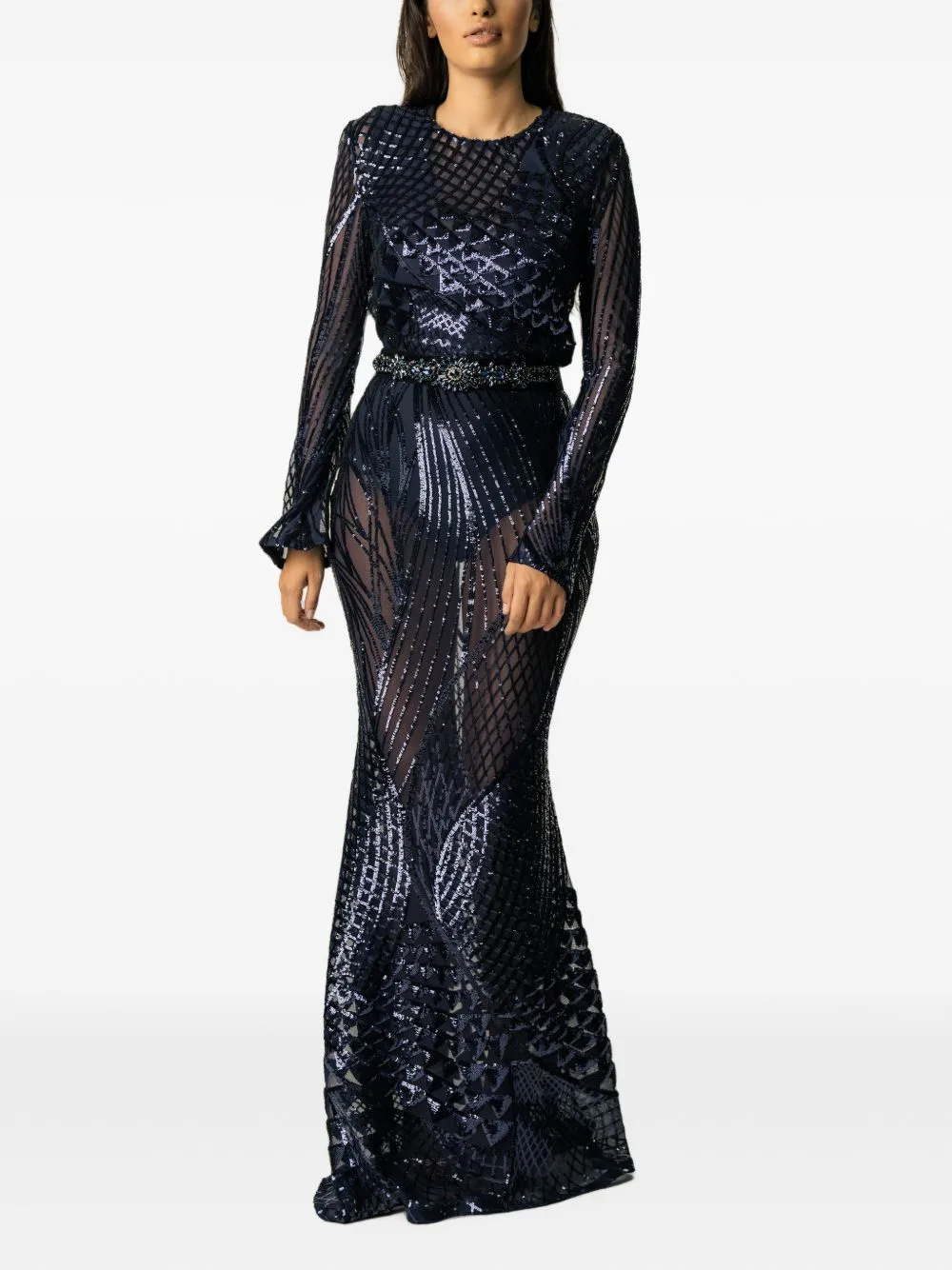 Calypso Sequin-Embellished Belted Maxi Dress by MIAU by Clara Rotescu