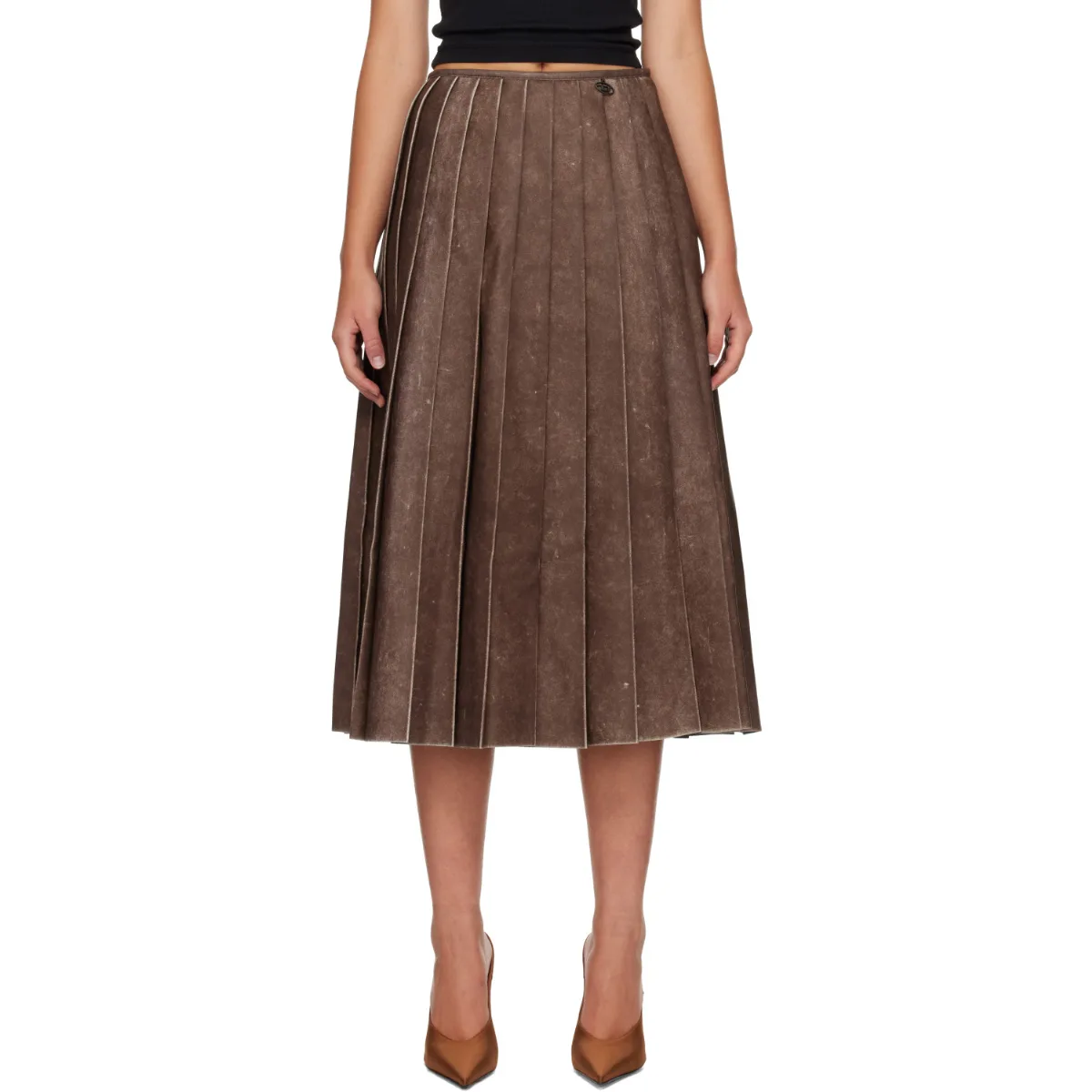 Distressed Pleated Faux-Leather Midi Skirt