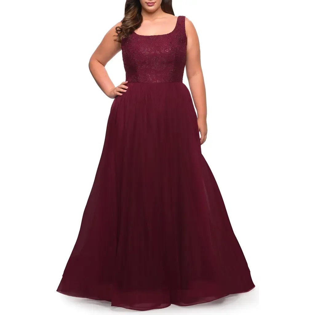 A-Line Tulle and Lace Gown with Slit by La Femme
