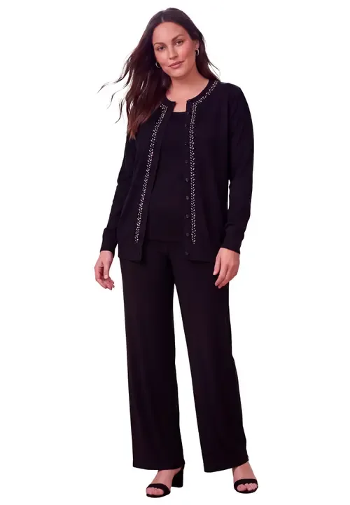Stretch Knit Wide Leg Pant in Black Ivory Glen Plaid by Jessica London