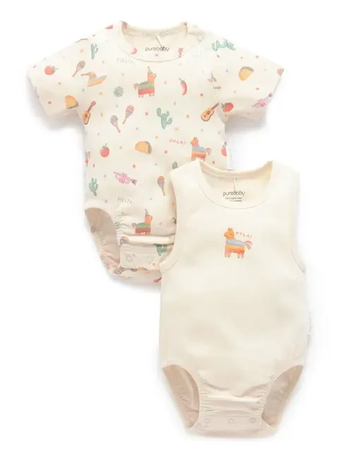2 Pack Short Sleeve Ribbed Bodysuit Pinata by Purebaby