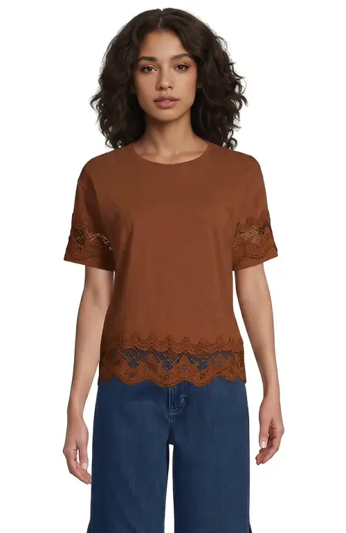 Short Sleeve Slub Jersey Cutwork T-Shirt by Lands' End