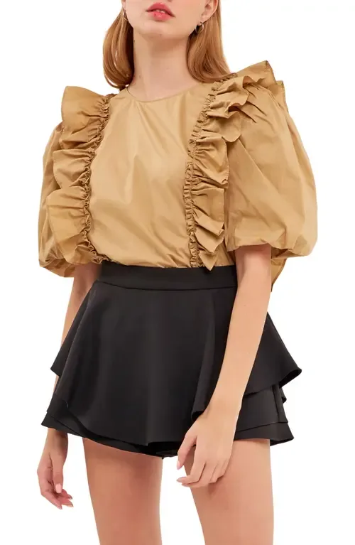 Double Ruffle Puff Sleeve Cotton Blouse by English Factory
