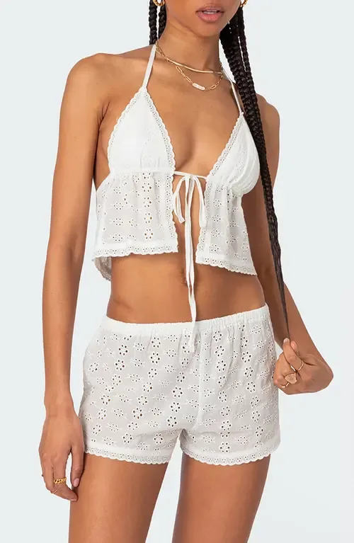 Eyelet Tie Front Crop Halter Top by EDIKTED