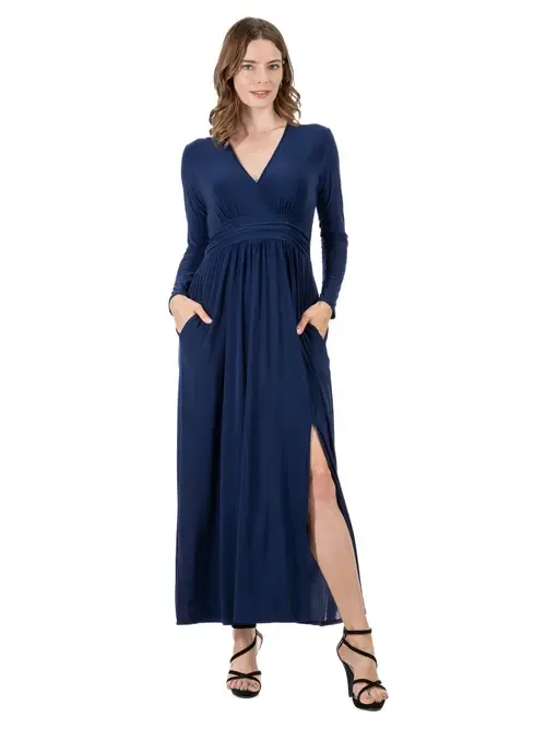 Long Sleeve V-Neck Side Slit Maxi Dress by 24seven Comfort Apparel