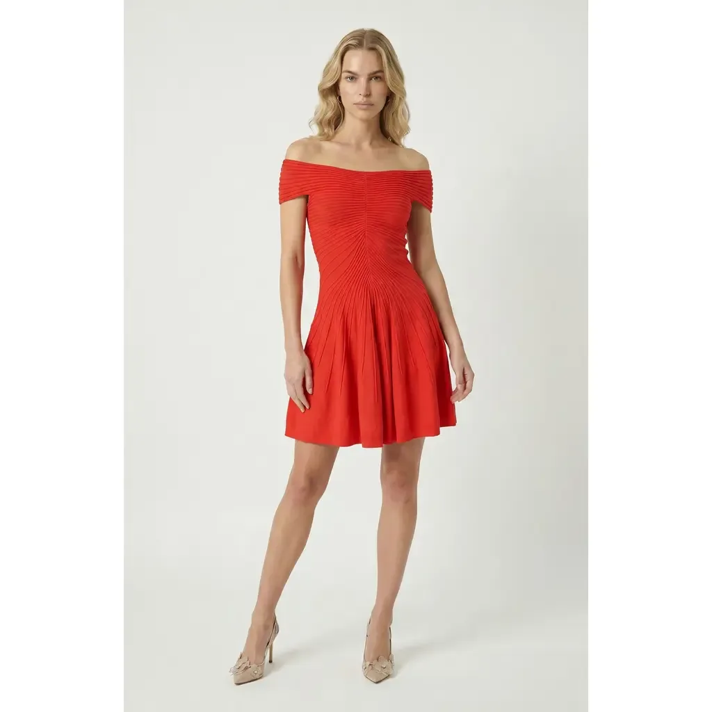 Off-Shoulder Pleated A-Line Dress by Modenaire