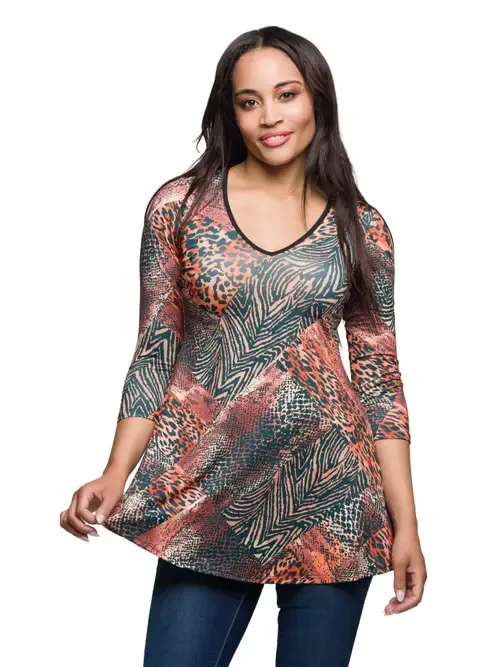 Animal Print V-Neck Three Quarter Sleeve Tunic Top by 24seven Comfort Apparel