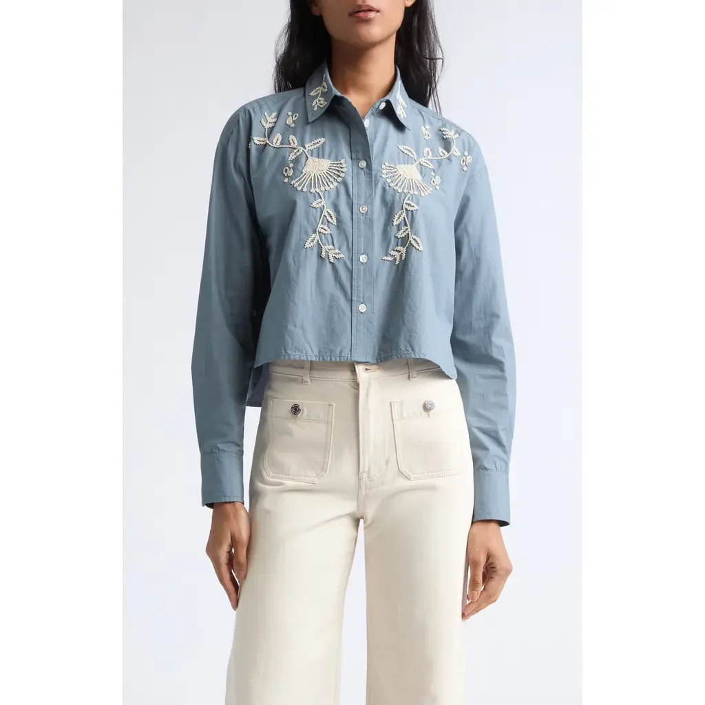 Aderes Beaded Floral Cotton Button-Up Shirt by Veronica Beard