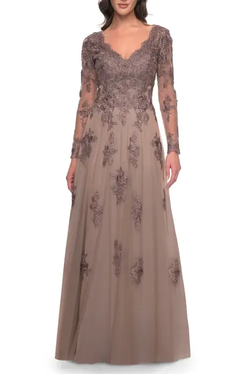 Long Sleeve Lace and Tulle Dress with V Neckline by La Femme