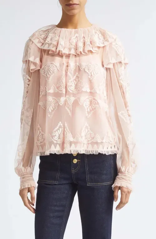 Ivy Floral Lace Embroidered Ruffle Tulle Top by Ulla Johnson