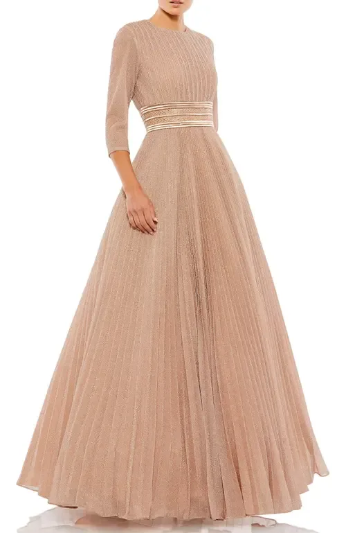 Shimmering Pleated A-Line 3/4 Sleeve Gown by Ieena for Mac Duggal