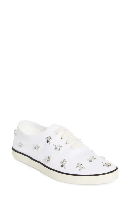 Crystal Embellished Low Top Canvas Sneaker by Miu Miu