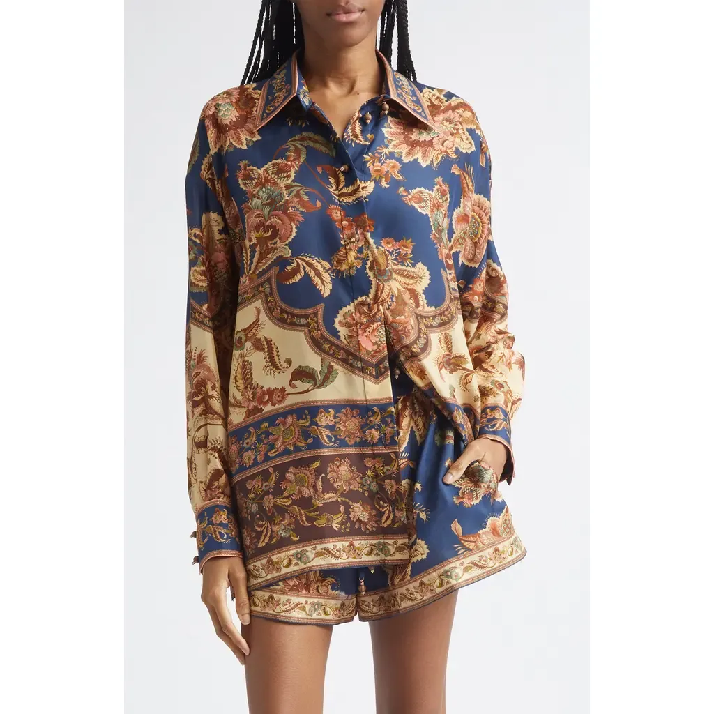 Aster Floral Border Print Silk Shirt by Zimmermann
