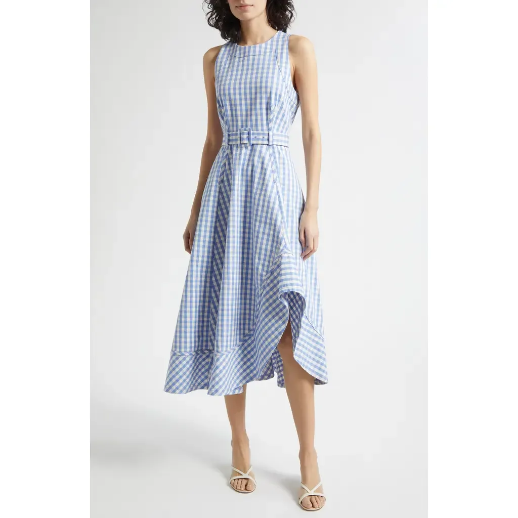 Zelda Gingham Belted Denim Midi Dress