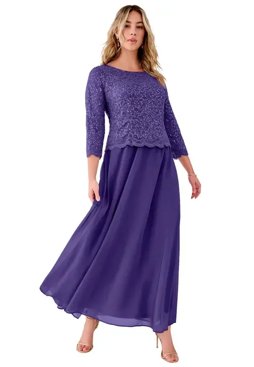 Sequin Lace Three Quarter Sleeve A-Line Gown