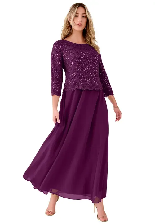 Sequin Lace Three Quarter Sleeve A-Line Gown