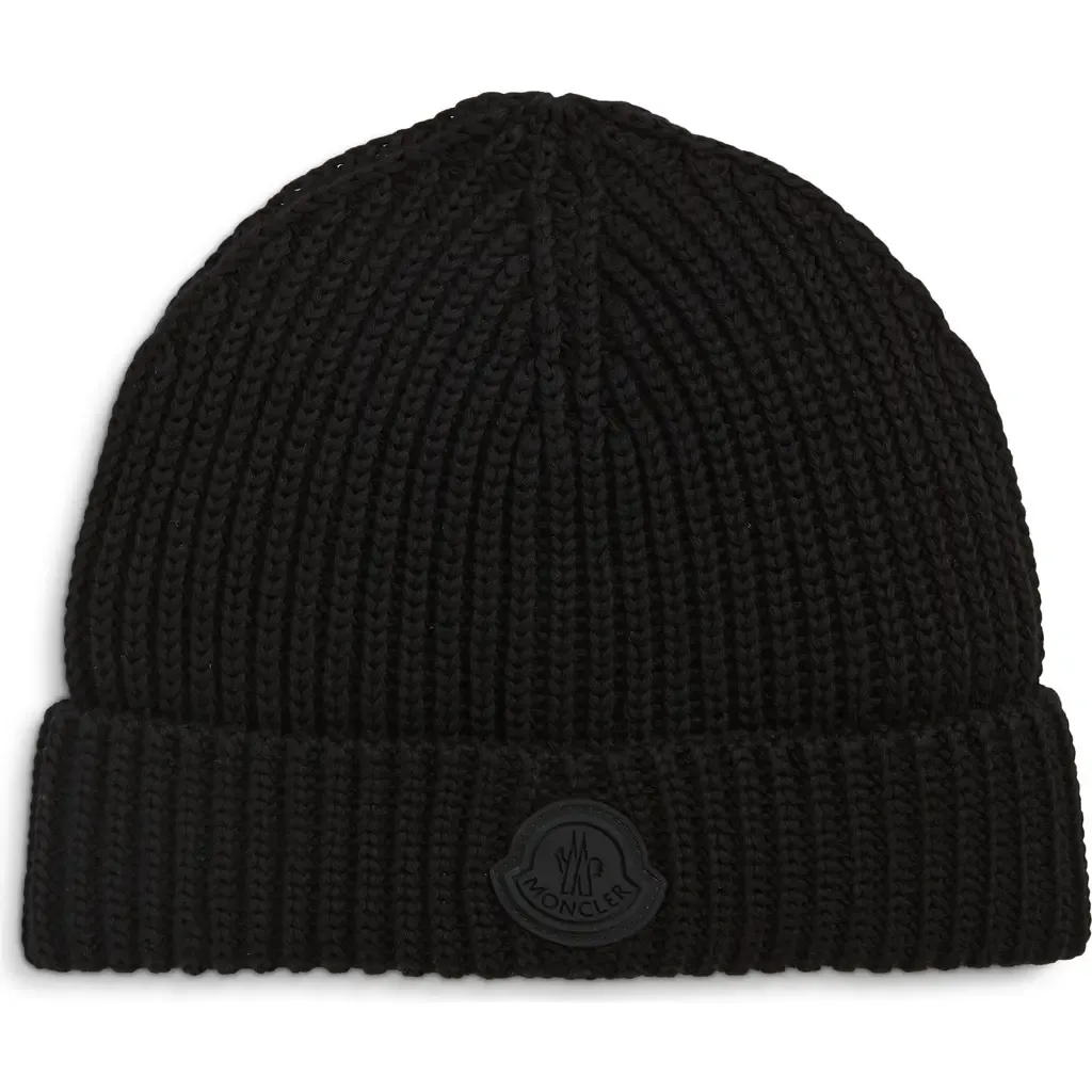 Logo Patch Cotton Rib Beanie by Moncler