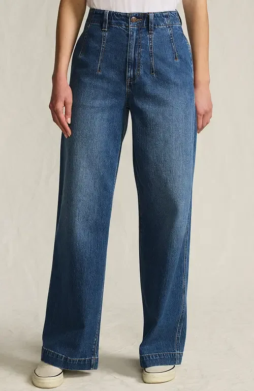 Soft Denim High Rise Wide Leg Top Stitch Trousers