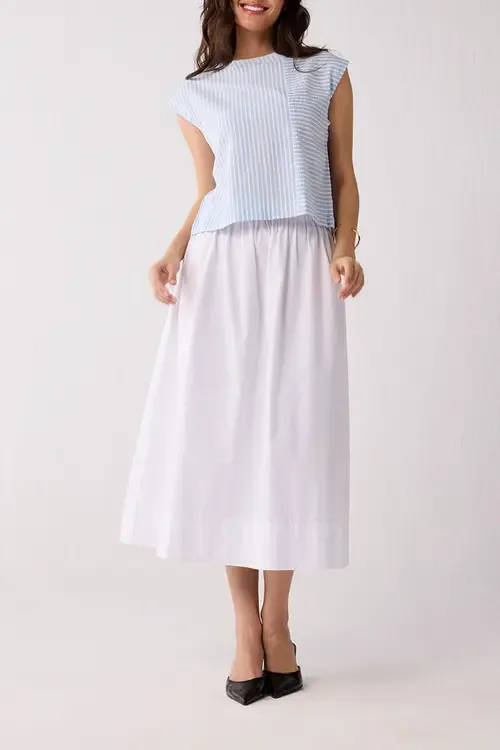 Button-Back Crew Neck Top in Blue Stripes by Reistor