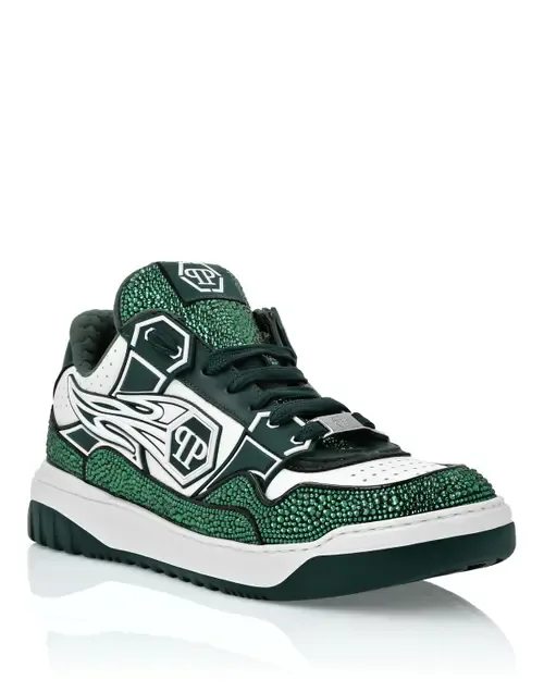 Mix Leather Lo-Top Sneakers Strass Hexagon by PHILIPP PLEIN
