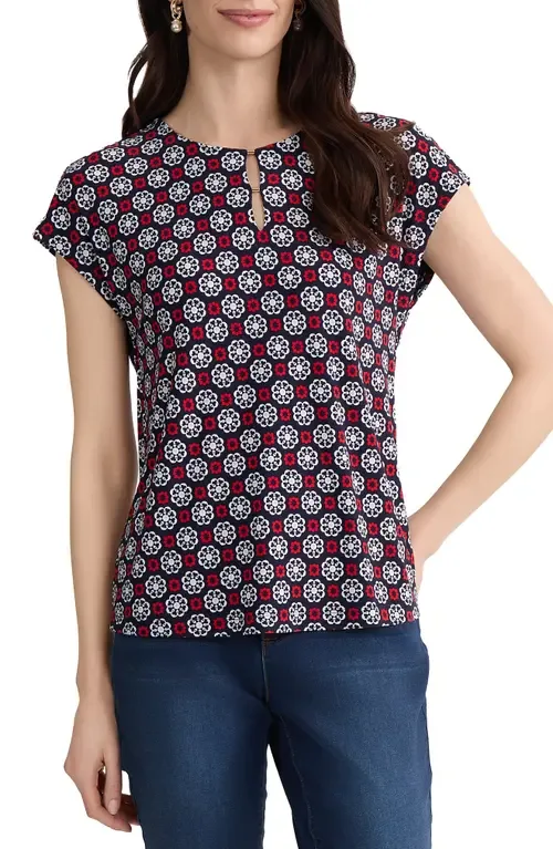 Printed Keyhole Crepe Knit Top by Jones New York