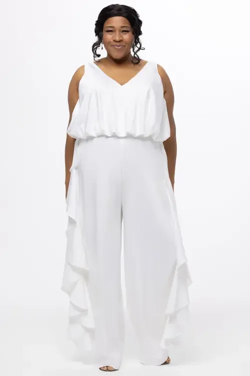 V-Neck Stretch Satin Jumpsuit with Ruffles by Celebrations by Sydney's Closet